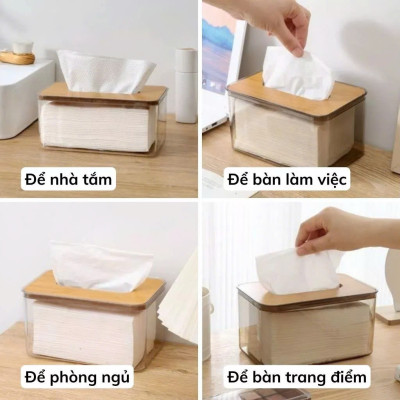 11x11x8.5 Hộp Đựng Giấy Ăn Khăn Giấy Nhựa MiKa Trong Suốt Nắp Gỗ Tre Tự Nhiên Màu Sắc Kiểu Dáng Phong Cách Bắc Âu VUÔNG
