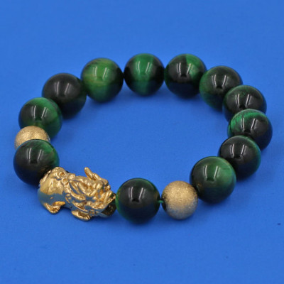 Vòng tay đá Mắt Hổ Xanh Lá 12 ly cẩn Tỳ Hưu Phong Thủy inox vàng VMHXLTHHBV12 - hợp mệnh Hỏa, mệnh Mộc