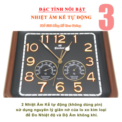 Đồng Hồ Treo Tường EASTAR Cao Cấp Có DẠ QUANG Và NHIỆT ẨM KẾ CƠ (Không Dùng Pin) - Máy Kim Trôi - SỐ NỔI 3D - Hình Vuông Mặt Trắng - Tặng Pin Maxell