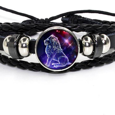 Vòng Đeo Tay Giả Cổ Dây Da Bệt Tết Phong Cách Retro Mặt Vòng Hình 12 Cung Hoàng Đạo Có Thể Điều Chỉnh Độ Rộng