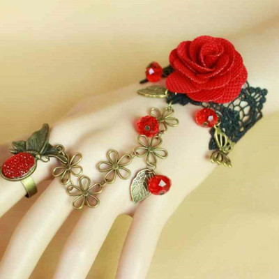 Vòng tay retro ren đen hoa hồng bracelet với nhẫn dạ tiệc