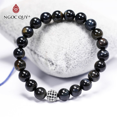 Vòng tay đá mắt hổ xanh đen phối charm hợp kim đính đá mệnh thủy, mộc - Ngọc Quý Gemstones