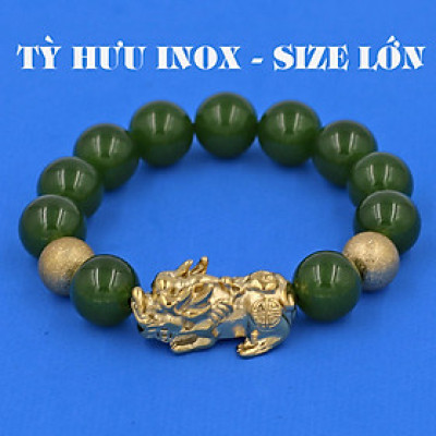 Vòng chuỗi đeo tay mã não xanh rêu 14 ly ( size lớn ) charm tỳ hưu và bi inox vàng, vòng tay chuỗi hạt