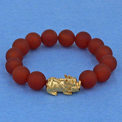 Chuỗi đeo tay thạch anh đỏ mờ 12 ly - cẩn Tỳ Hưu inox vàng VTAOMTHV12 - hợp mệnh Hỏa, mệnh Thổ