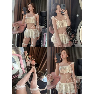 Bộ Đồ Ngủ 3 Món Tiểu Thư Dễ Thương Viền Ren Gợi Cảm