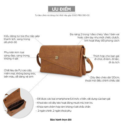 Túi đeo chéo nữ thanh lịch IDIGO FB2 - 380, túi xách cầm tay dáng chữ nhật nắp gập