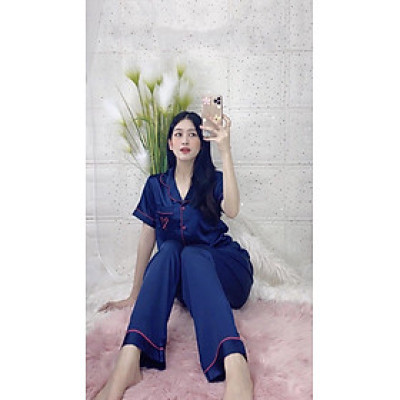 Đồ bộ ngủ lụa satin tay ngắn quần dài màu xanh 