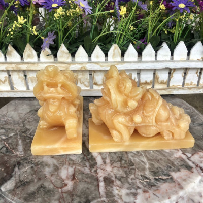 Cặp Tỳ Hưu phong thủy tài lộc đá ngọc hoàng long có đế - Dài 12 cm