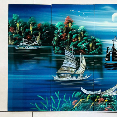 Bộ Tranh sơn mài 4 tấm- THUẬN BUỒM XUÔI GIÓ - Khảm cừ cao cấp size 50x80 cm  - Ý Nghĩa Phong Thủy