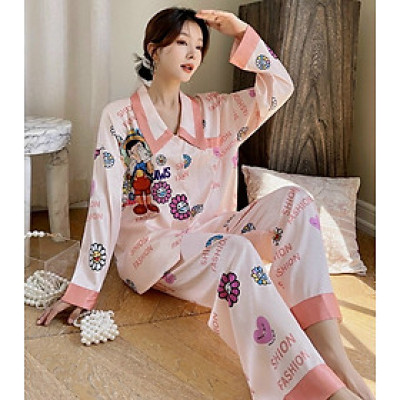 Bộ lụa tay dài quần dài, bộ lụa mặc nhà chất vải hàng cao cấp, lụa xước mã B391