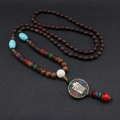 VÒNG CỔ CHUỖI HẠT GỖ CHỦNG TỰ KALACHAKRA VÀ NGỌC LAM TÂY TẠNG