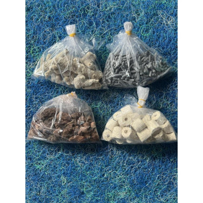 Combo 100g Combo 4 Loại Vật Liệu Lọc Hồ Cá: Than Hoạt Tính +Sứ Trắng 
+- San Hô+ Nham Thạch =100G