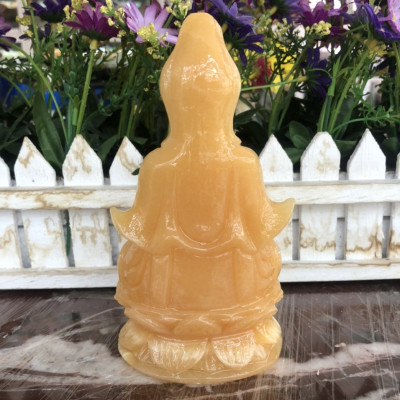 Tượng Phật Bà Quan Thế Âm Bồ Tát ngồi đài sen cầu bình an đá ngọc hoàng long - Cao 15 cm