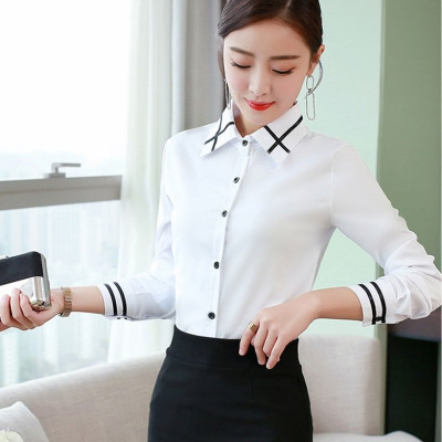 Áo sơ mi nữ trắng, áo sơ mi nữ công sở kiểu dáng basic, phối hạo tiết đen ở cổ và tay làm điểm nhấn HB147