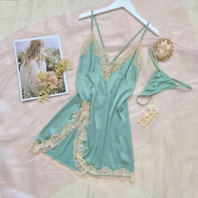 Váy ngủ lụa ren hai dây chéo lưng form ngắn kèm quần lọt khe sexy Q128 - Đầm ngủ hai dây lụa sexy