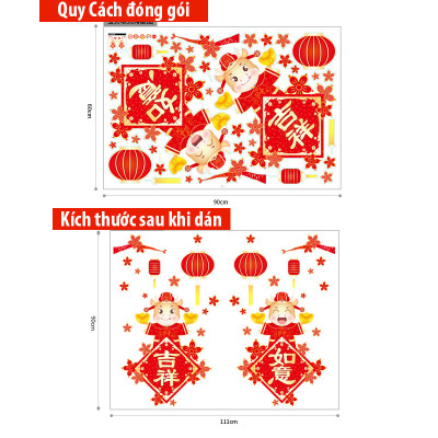 Decal dán tường decal trang trí tết Mẫu Lồng Đèn Đỏ và con trâu AMJ916