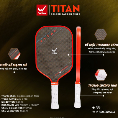 Vợt Pickleball Wi-ka TITAN - Mặt vợt Titanium Vàng, Tăng cường độ bền,Tối ưu trọng lượng
