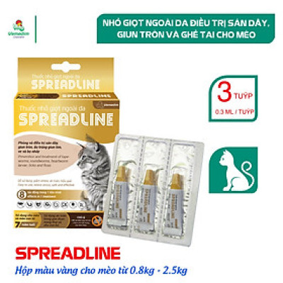Vemedim SPREADLINE - Thuốc nhỏ giọt ngoài da phòng và điều tr.ị sán dây, giun tròn, ấu trùng giun tim, ve và bọ nhảy cho mèo nhỏ và mèo lớn.