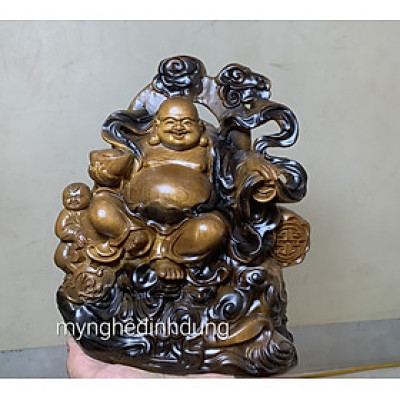 Tượng phật di lặc nhất lộc bằng gỗ bách xanh thơm nức sơn pu giả cổ kt cao 20x17x8cm 