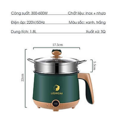 Nồi điện mini 2 tầng đa năng LISHIDAI tặng kèm khay hấp - Nồi lẩu chống dính 1,8 lít cho 1-2 người ăn (LIS03)