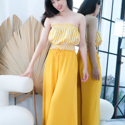 Đồ Bộ Mặc Nhà LMcation - Áo ống Carol màu sọc vàng & Quần váy dài Mila màu vàng