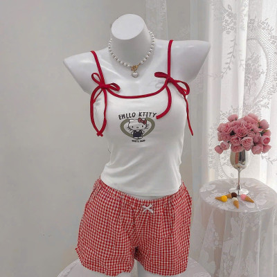 Bộ Đồ Ngủ Hello Kitty Cotton Hai Dây Quần Ngắn Đính Nơ Lưng Chun
