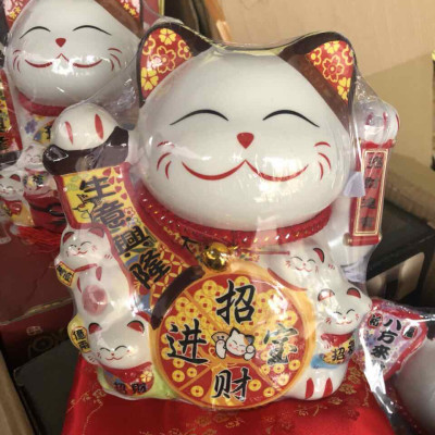 Tượng Mèo Thần Tài Ngũ phúc lâm môn vẫy tay chiêu tài lộc 20cm bằng gốm sứ - mẫu giao ngẫu nhiên