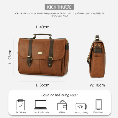 Cặp da đựng laptop đi học 14 inch IDIGO UB2 - 6021, túi xách công sở nam nữ nhiều ngăn đựng tài liệu A4