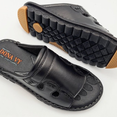 Dép Quai Ngang Nam Da Bò Khâu Viền, Đế Siêu Nhẹ, Có Răng Cưa Chống Trơn Trượt VNXK