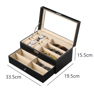 Hộp Đựng Đồng Hồ Và Mắt Kính 2 Tầng SAIKE SAIKE S609 Vỏ Da Màu Đen