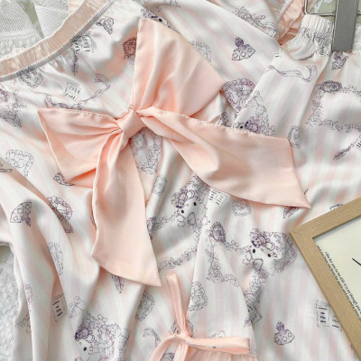 Bộ Đồ Ngủ Hello Kitty Lụa Quảng Châu Cao Cấp Nơ Bèo Tiểu Thư