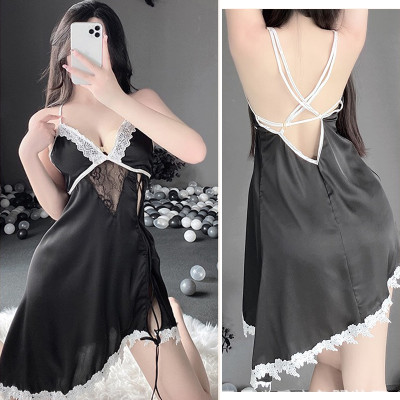 Váy ngủ lụa 2 dây chéo lưng phối ren đan hông sexy gợi cảm P42 - Đầm ngủ lụa 2 dây chéo lưng - Đồ ngủ nữ
