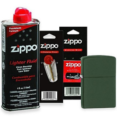 Combo 4 sản phẩm : Bật lửa Zipp Classic Matte Green 221+Xăng+Đá+Bấc