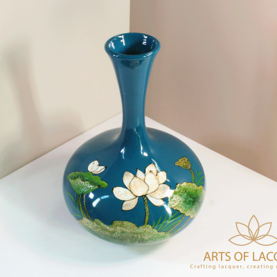 Bình Hoa Sơn Mài Màu Xanh Họa Tiết Hoa Sen