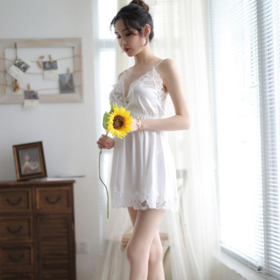 Váy ngủ lụa thái ren ngực - Màu trắng