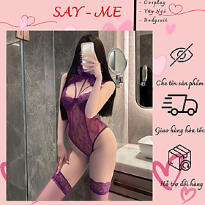 Tặng Kèm Tất - Bodysuit Ren Cổ Cao Xuyên Thấu Kèm Vớ Gợi Cảm Bodysuit Tím Mộng Mị – Bộ Đồ Ren Cổ Cao Xuyên Thấu Kèm Vớ Sexy C091