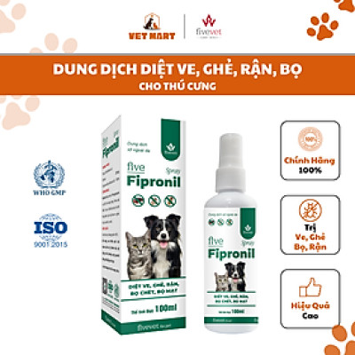 Lọ Xịt five Fipronil Spray Hỗ Trợ Điều Trị Diệt Ve, Ghẻ, Rận, Bọ Chét, Bọ Mạt Trên Chó (100ml) - Fivevet