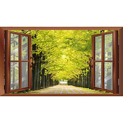 TRANH CỬA SỔ PVP-CS05 Tranh dán tường 3d cửa sổ mở ra lối đi, hàng cây xanh ,Tranh dán tường có sẵn keo,tạo cảm giác gần gũi thiên nhiên.