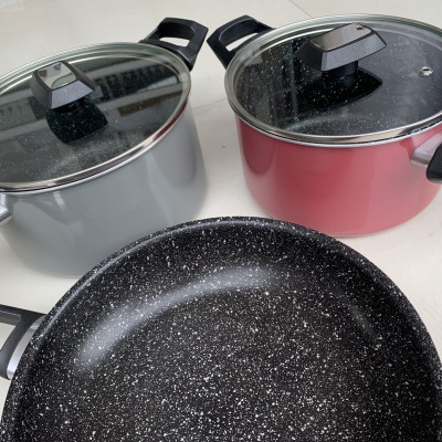 Bộ nồi chảo đáy từ 3 món gồm 2 nồi 18-20cm, 1 chảo 24cm Easy Kimscook chống dính vân đá Hàn Quốc