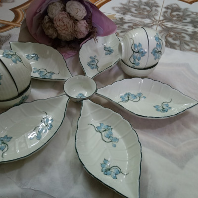 Bộ sản phẩm đĩa + bát vẽ hoa sen gốm sứ Bát Tràng