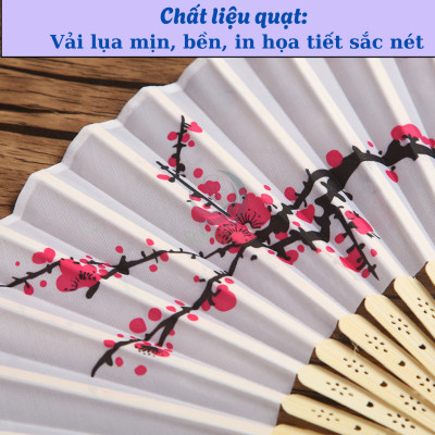 Quạt cầm tay cán tre hình hoa đào truyền thống 38x21cm- Quạt tay vải lụa cán tre- Quạt gấp họa tiết hoa mai phong cách Á Đông- Quạt trang trí thủ công vintage- Quạt tay cổ điển in hoa nghệ thuật