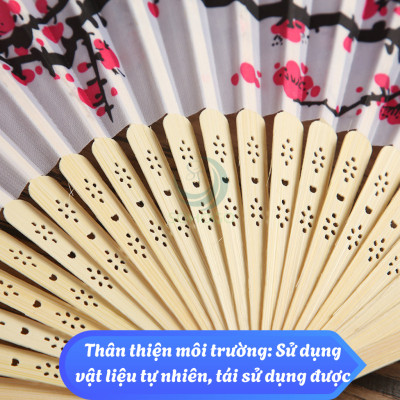 Quạt cầm tay cán tre hình hoa đào truyền thống 38x21cm- Quạt tay vải lụa cán tre- Quạt gấp họa tiết hoa mai phong cách Á Đông- Quạt trang trí thủ công vintage- Quạt tay cổ điển in hoa nghệ thuật