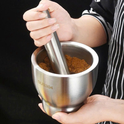 Cối Chày Inox 304  Có Nắp Đậy Cao Cấp – Giã Tỏi Ớt, Gia Vị, Thực Phẩm Nhanh Chóng, Sạch Sẽ Size 10cm