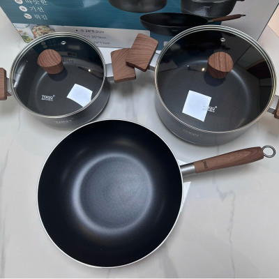 Bộ 2 nồi 1 chảo nhôm chống dính 5 lớp Tokki Hàn Quốc TK82 đáy từ gồm nồi 20cm, 24cm và chảo 28cm