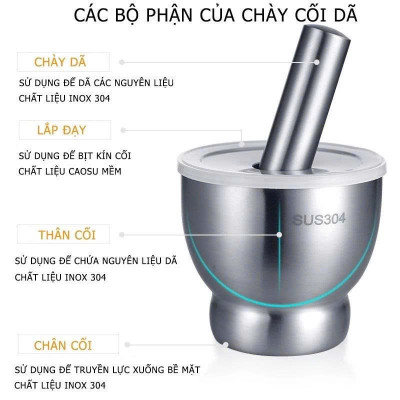 Cối Chày Inox 304 Cao Cấp , Đâm Tiêu , Giã Tỏi, Giã Cua, Có Nắp Đậy, Đế Chống Trượt , Size 10cm 