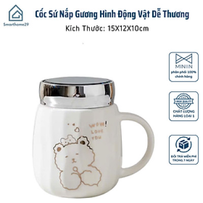 Cốc Sứ Nắp Gương Hình Động Vật Dễ Thương, Ly Sứ Nắp Quai Cầm Tiện Lợi 450ml - HÀNG CHÍNH HÃNG MINIIN