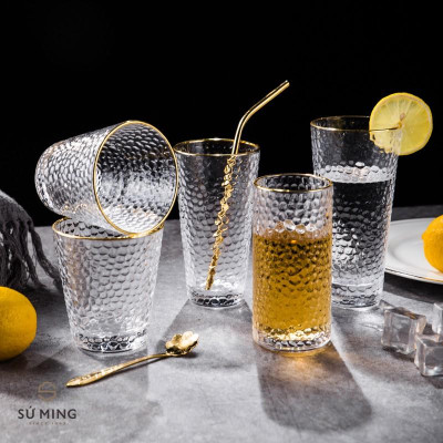 BỘ 6 CỐC THỦY TINH VIỀN VÀNG CAO CẤP | LY CHỊU NHIỆT DÁNG LOE, VÂN TRÁM DECOR SANG TRỌNG