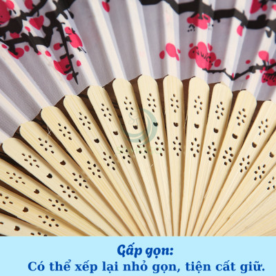 Quạt cầm tay cán tre hình hoa đào truyền thống 38x21cm- Quạt tay vải lụa cán tre- Quạt gấp họa tiết hoa mai phong cách Á Đông- Quạt trang trí thủ công vintage- Quạt tay cổ điển in hoa nghệ thuật
