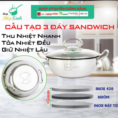 Nồi inox 3 Đáy Chống Dính 20cm Fivestar ( tặng 1 sạn dừa),bếp từ , gas, hồng ngoại