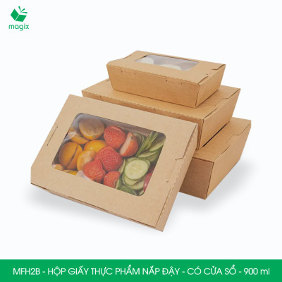 MFH2B - 900ml - 100 hộp giấy kraft đựng thực phẩm, hộp giấy đựng thức ăn có cửa sổ, hộp đựng cơm